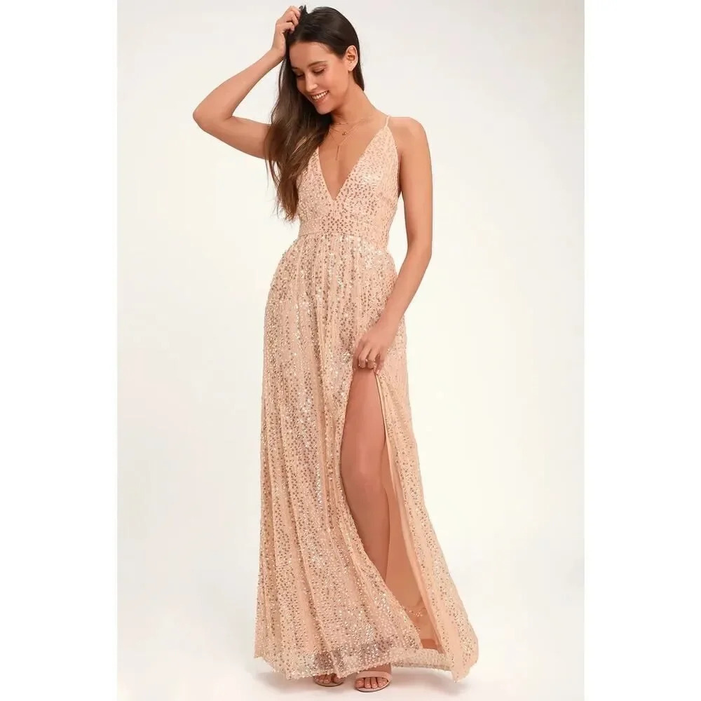LULUS Jane Ann Blush‎ Pink Sequin Maxi Dress Cross Back Strap Wedding Bridesmaid